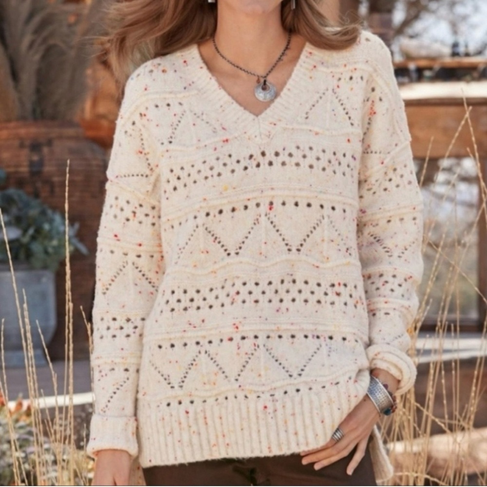 Sundance Minnie V Neck Long‎ Sleeve Sweater Speckled Confetti Colorful Cream XS